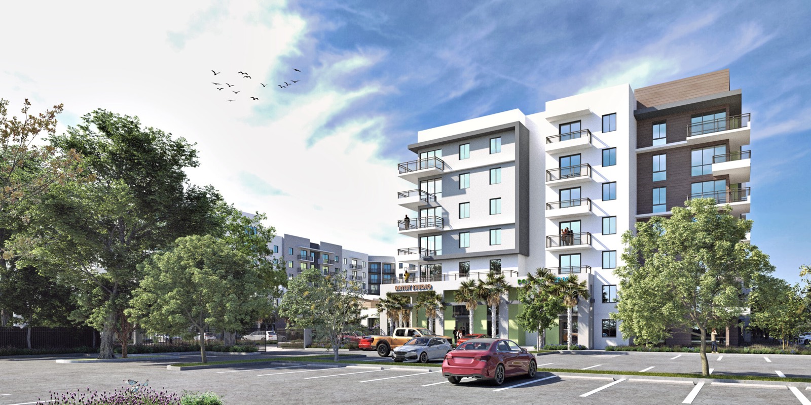 Render do andar de lazer do Lakeview at NoMi com lounge do clubhouse