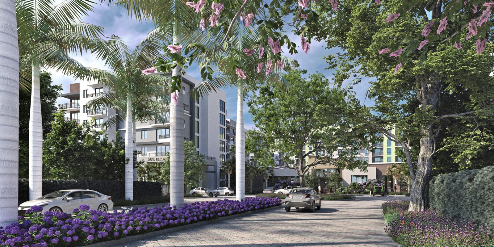 Render do pátio central paisagístico do Lakeview at NoMi com deck de piscina