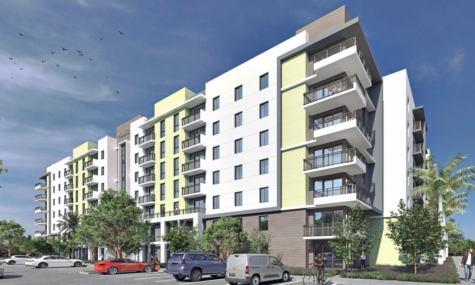Render oficial do Lakeview at NoMi, comunidade de aluguel de sete andares e 342 unidades na 13855 NW 17th Avenue, North Miami