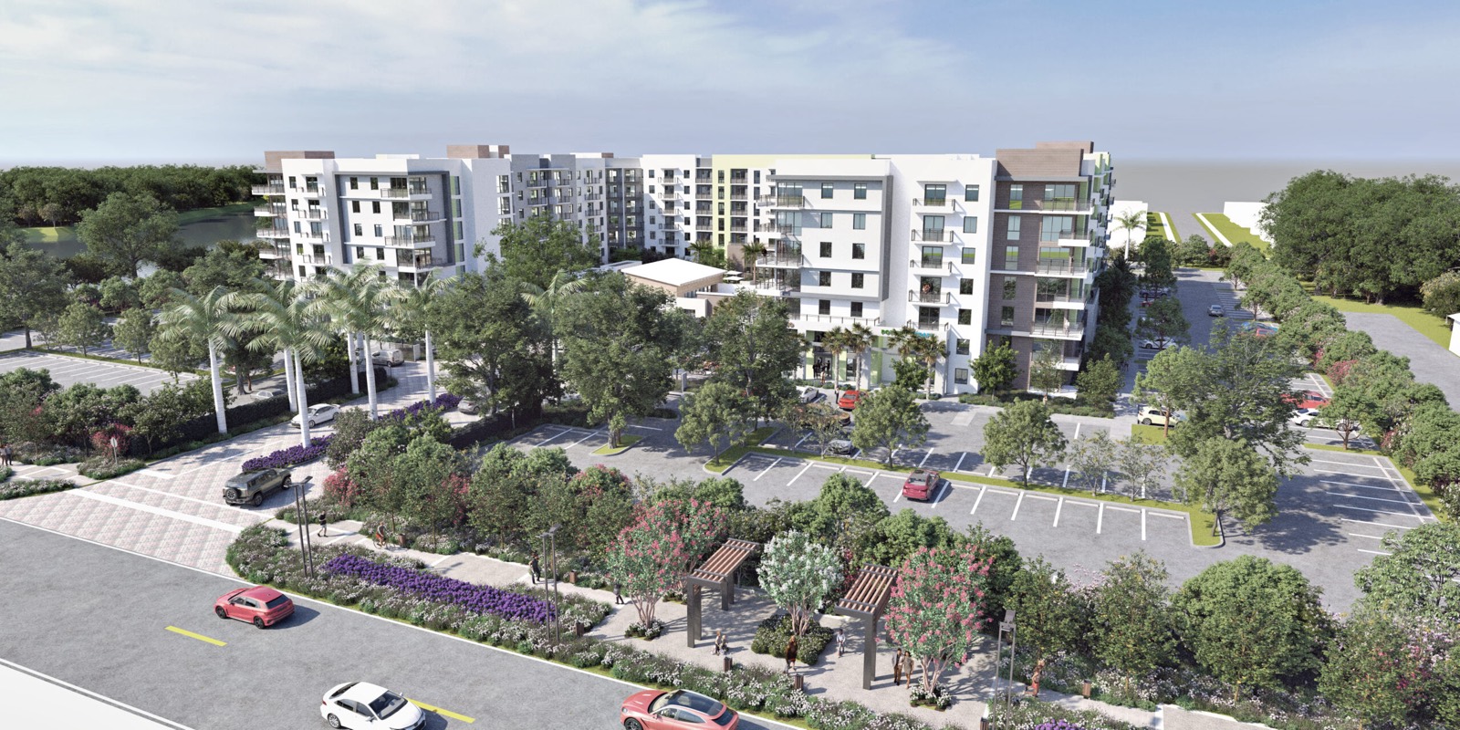 Render do interior de um apartamento do Lakeview at NoMi com planta aberta e piso estilo madeira