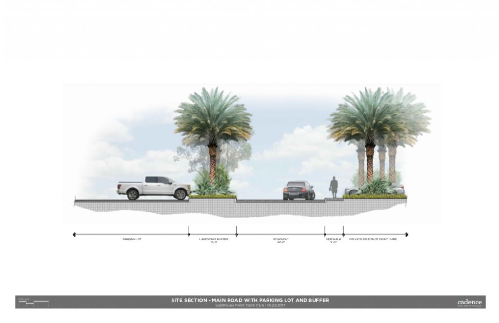 Renderizado del desarrollador de la vía principal de acceso y la franja de estacionamiento en la remodelación del Lighthouse Point Yacht Club