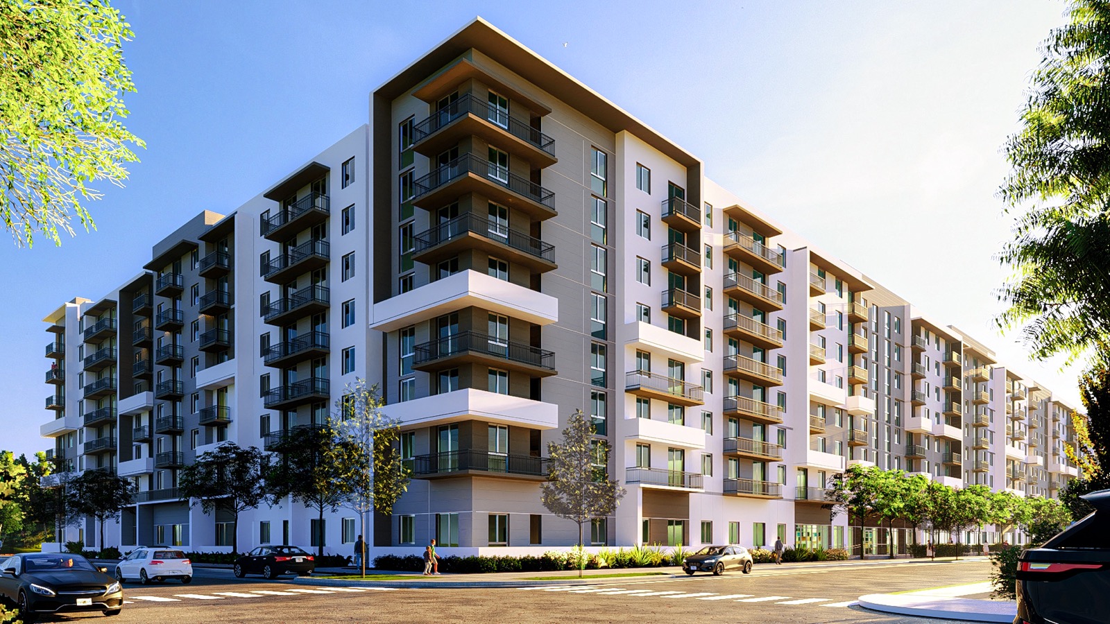 Metro Parc North Hialeah corner rendering in late afternoon light, 661-unit second phase at 901 East 26th Street