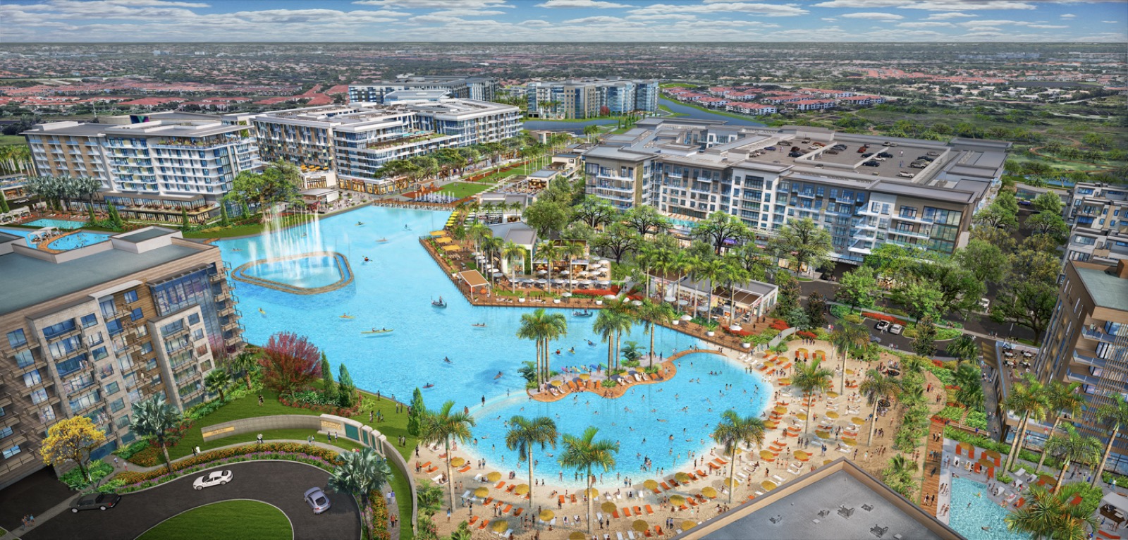 Render aéreo do Miramar Cove mostrando a lagoa cristalina de 5,5 acres e os prédios ao redor