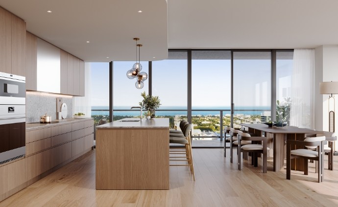 Renderizado de la cocina de Mr. C Residences West Palm Beach con gabinetes italianos y electrodomésticos premium