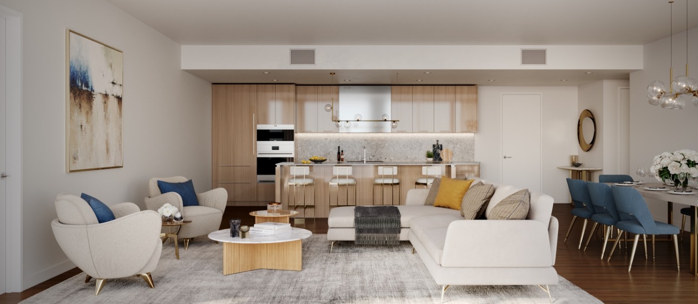 Renderizado de la sala de Mr. C Residences West Palm Beach con vidrio de piso a techo
