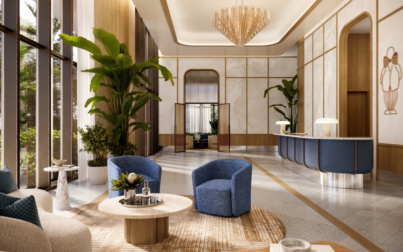 Renderizado del lobby residencial de Mr. C Residences West Palm Beach con áreas de estar