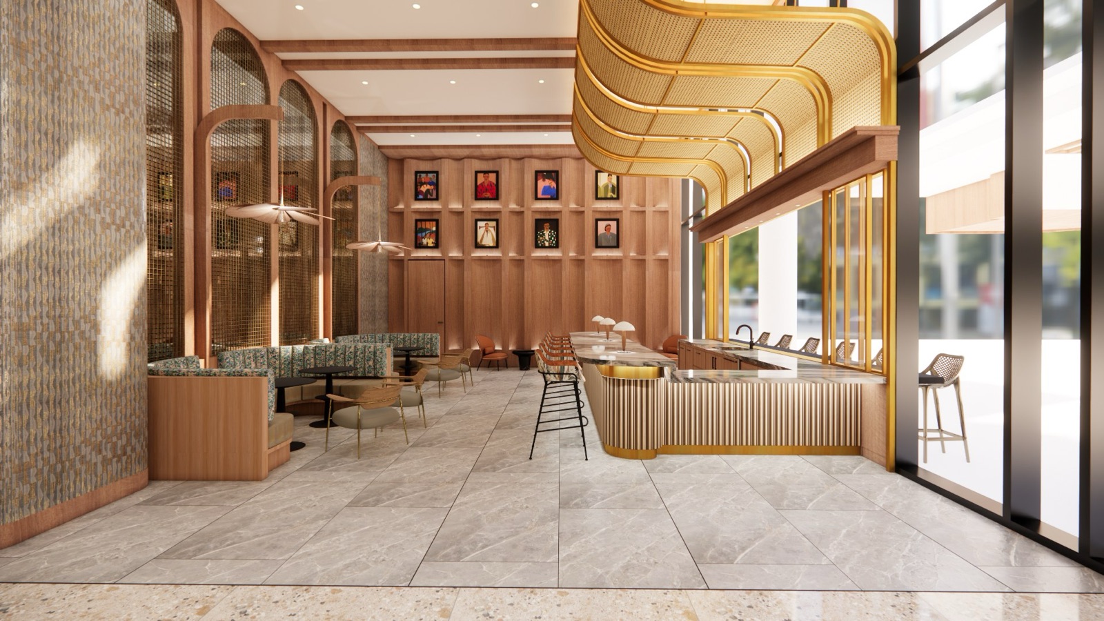 Renderizado del lobby con personal y salón en Neo Edgewater, Edgewater, Miami