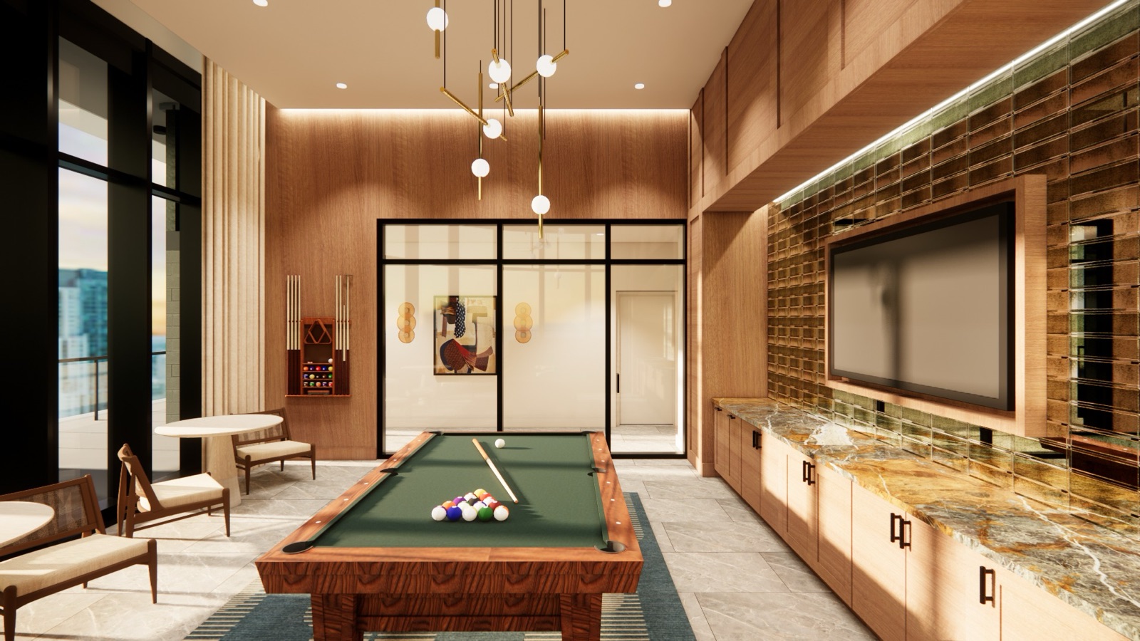 Renderizado de la sala de juegos para residentes en Neo Edgewater, Miami