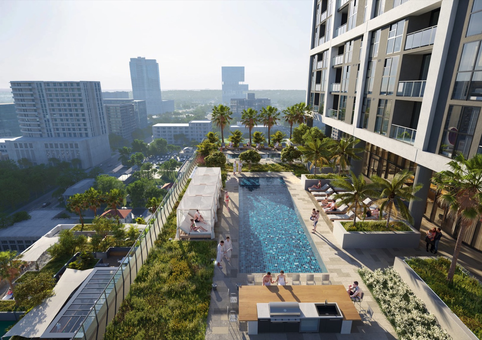Renderizado de la terraza de piscina con cabañas en Neo Edgewater, 2600 Biscayne Boulevard, Miami