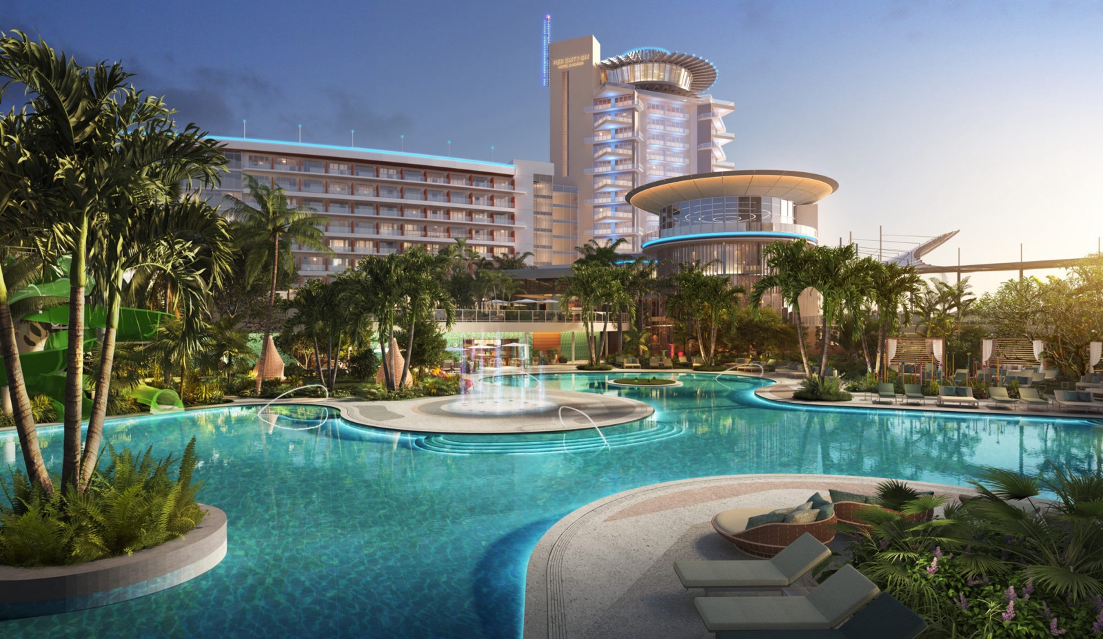 Render aéreo do Pier Sixty-Six na orla de Fort Lauderdale com a marina