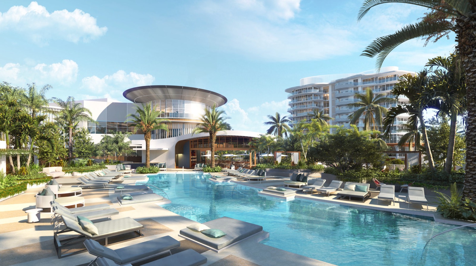 Render da marina do Pier Sixty-Six com iates e residências à beira-mar