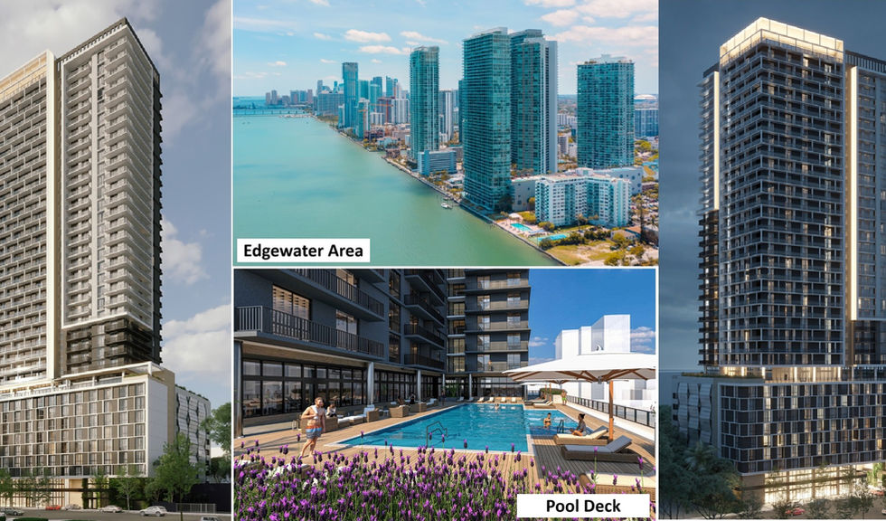 Renderizado de la terraza de amenidades de Sense 22 con piscina y gimnasio en Edgewater, Miami