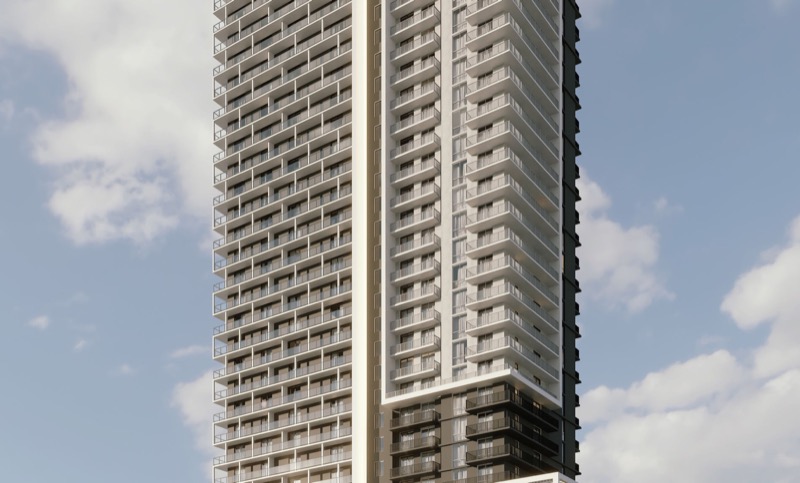 Render de la torre de alquiler Sense 22 de 36 pisos bajo Live Local Act en 114 NE 22nd Street Edgewater Miami por HA Projects