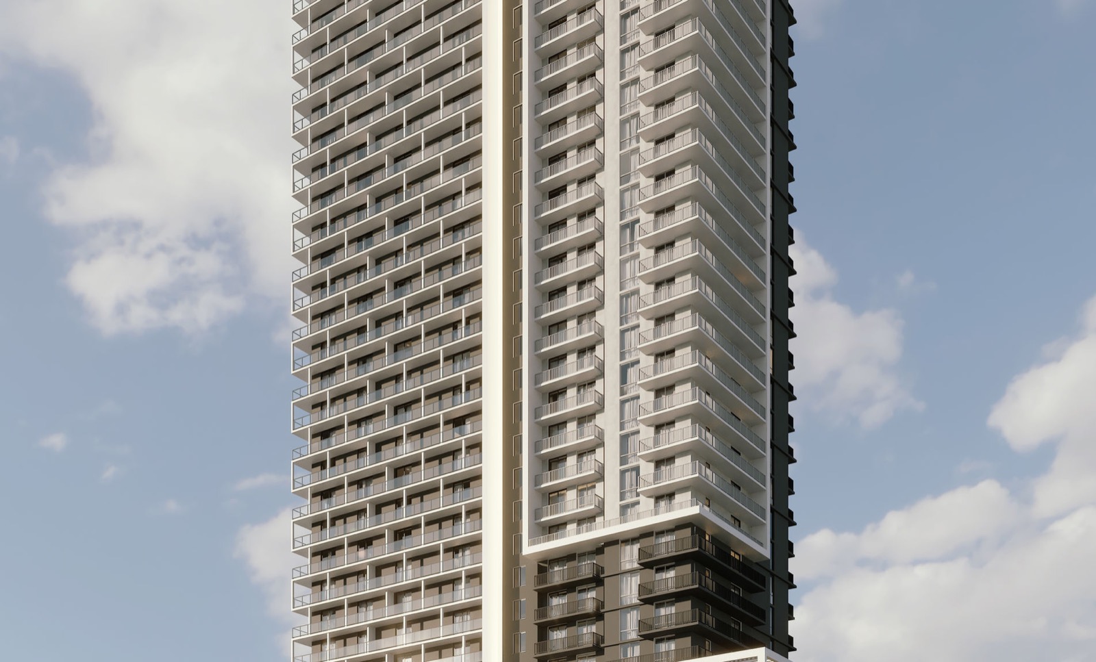 Renderizado oficial de Sense 22, una torre de renta de 36 pisos bajo la Live Local Act en 114 NE 22nd Street en Edgewater, Miami