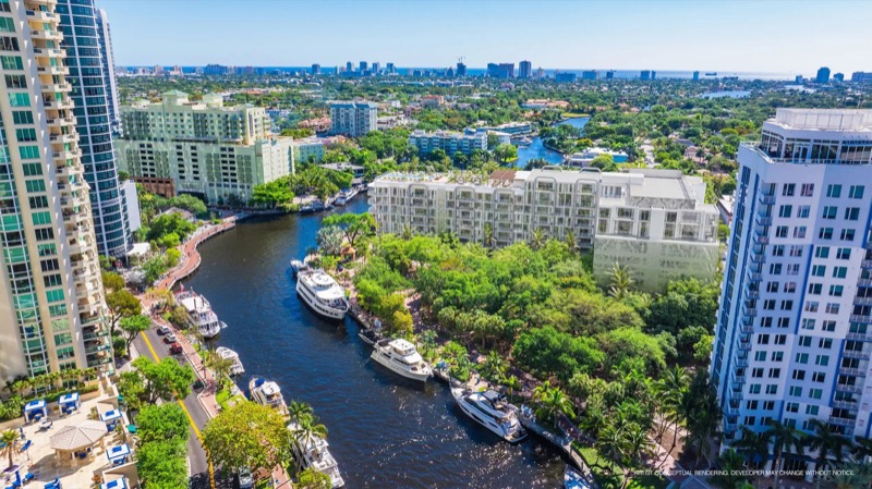 Render del condominio boutique Sixth and Rio, 501 SE 6th Avenue sobre el New River al borde de Rio Vista Fort Lauderdale