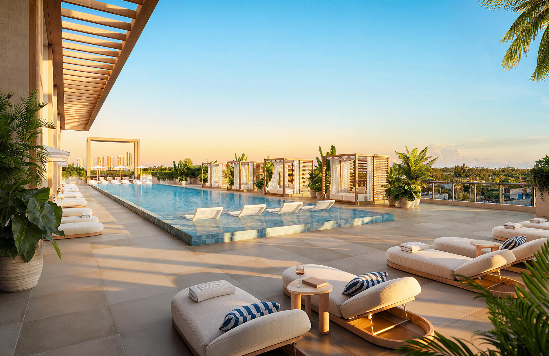 Render de la piscina estilo resort de The William en la plataforma del noveno piso, North Miami Beach