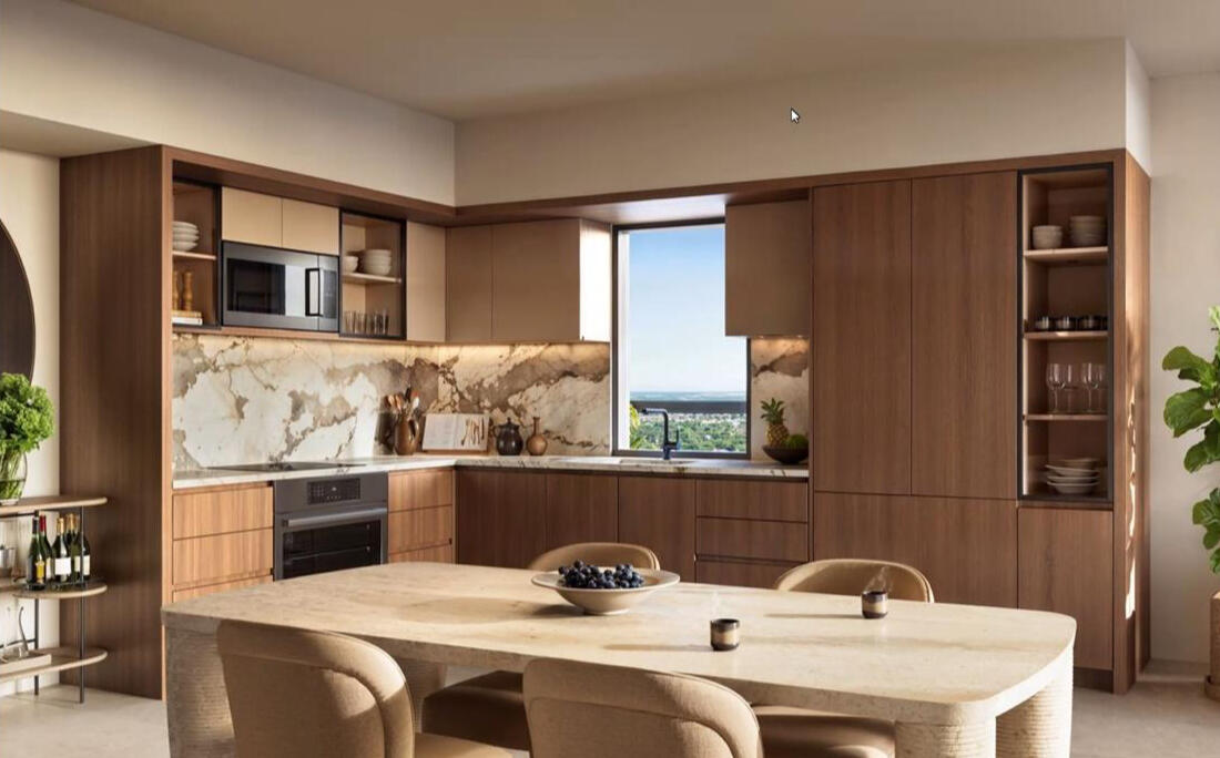 Render del interior de una residencia de The William con ventanas de piso a techo y cocina Italkraft, North Miami Beach