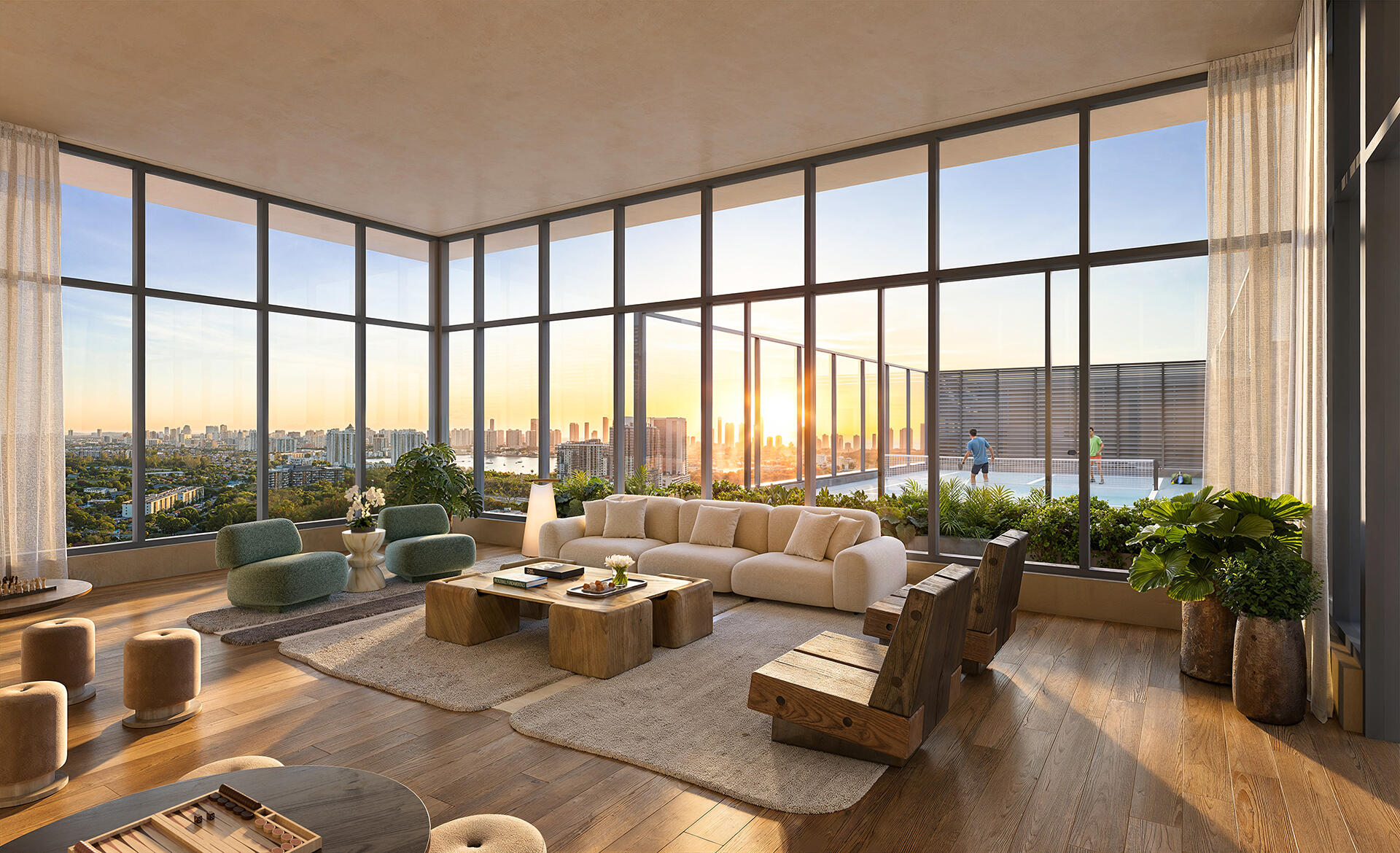 Render de pickleball y salón en la azotea de The William en el piso 25, North Miami Beach