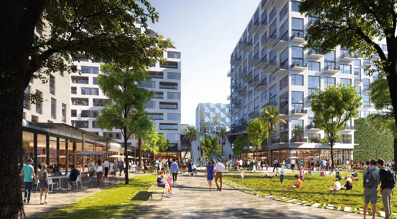 Render do distrito do Upland Park mostrando predios residenciais e areas verdes ao redor do lago da comunidade