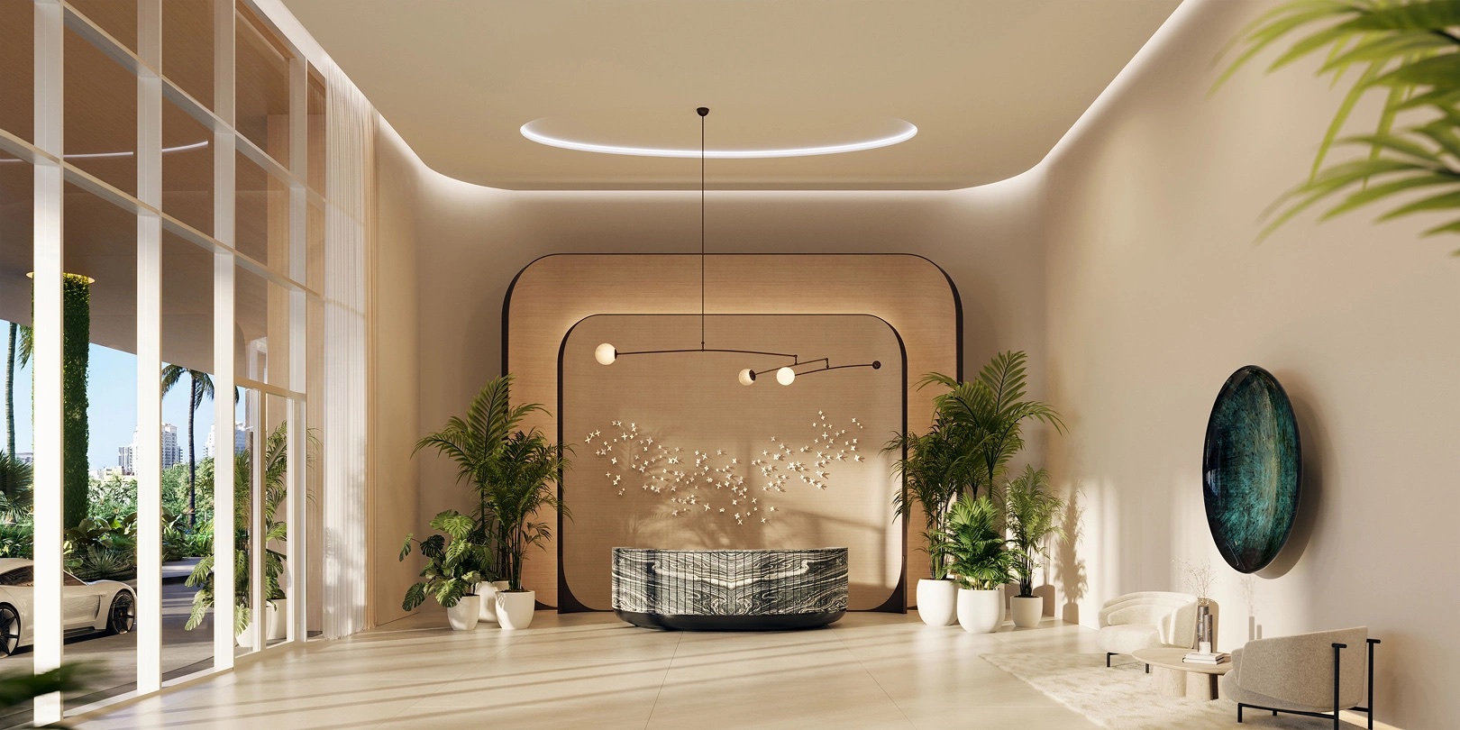 Render do lobby e do interior de comodidades do Viceroy Residences Fort Lauderdale pela Rockwell Group