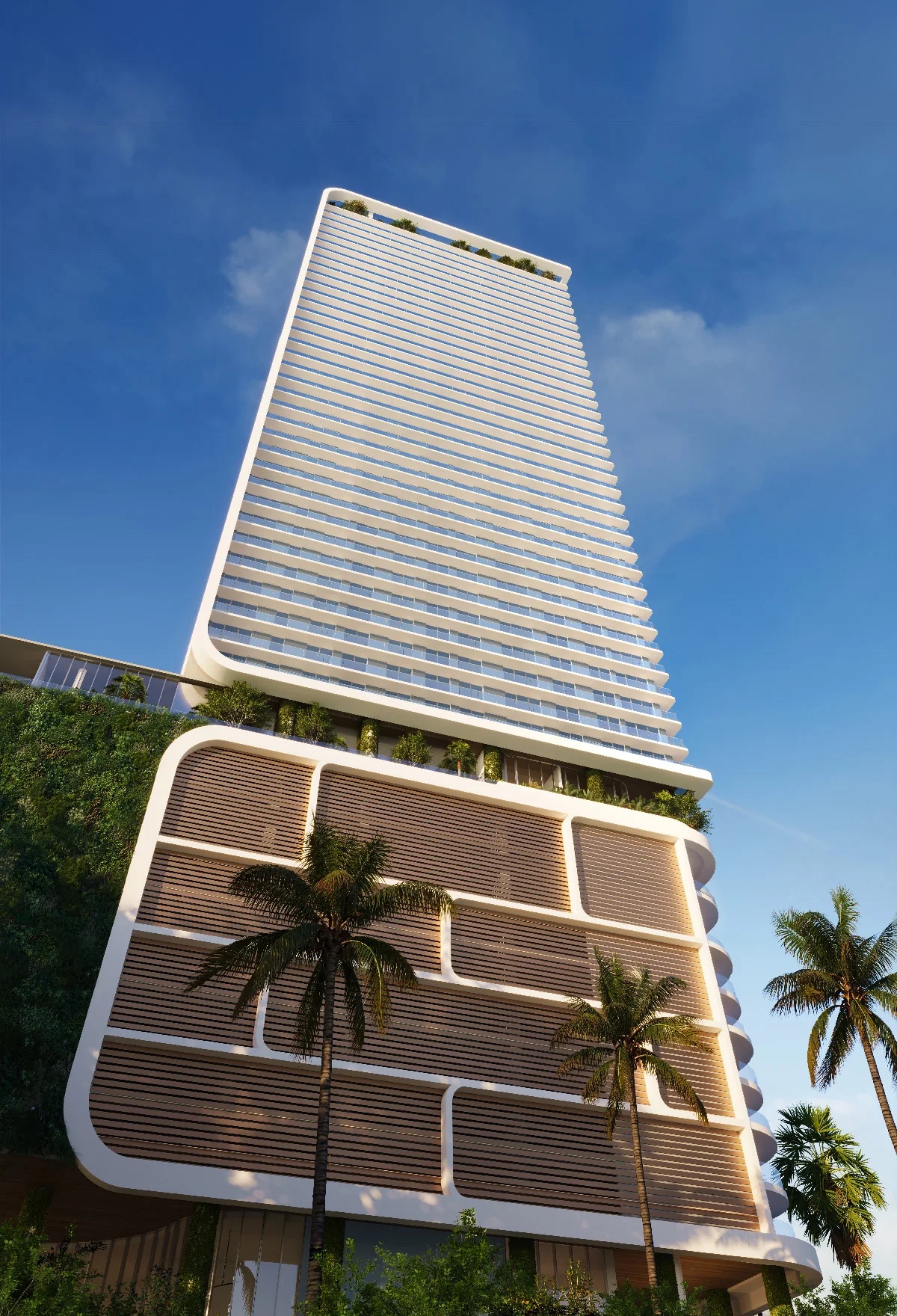 Render do Viceroy Residences Fort Lauderdale, uma torre de 45 andares que se ergue sobre Flagler Village ao entardecer