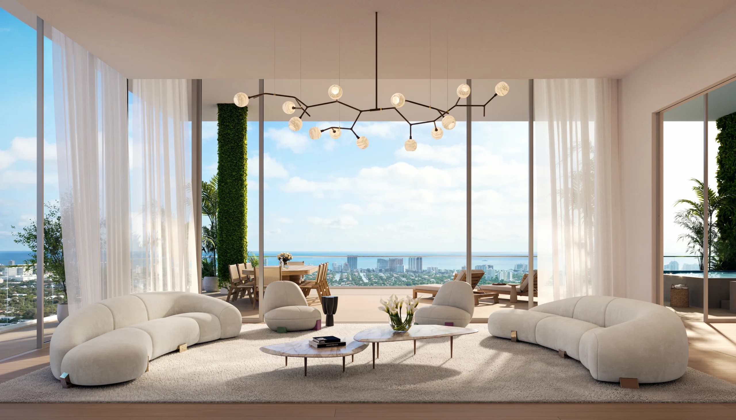 Render do interior da cobertura do Viceroy Residences Fort Lauderdale com pés-direitos de 11 pés e vistas para o oceano