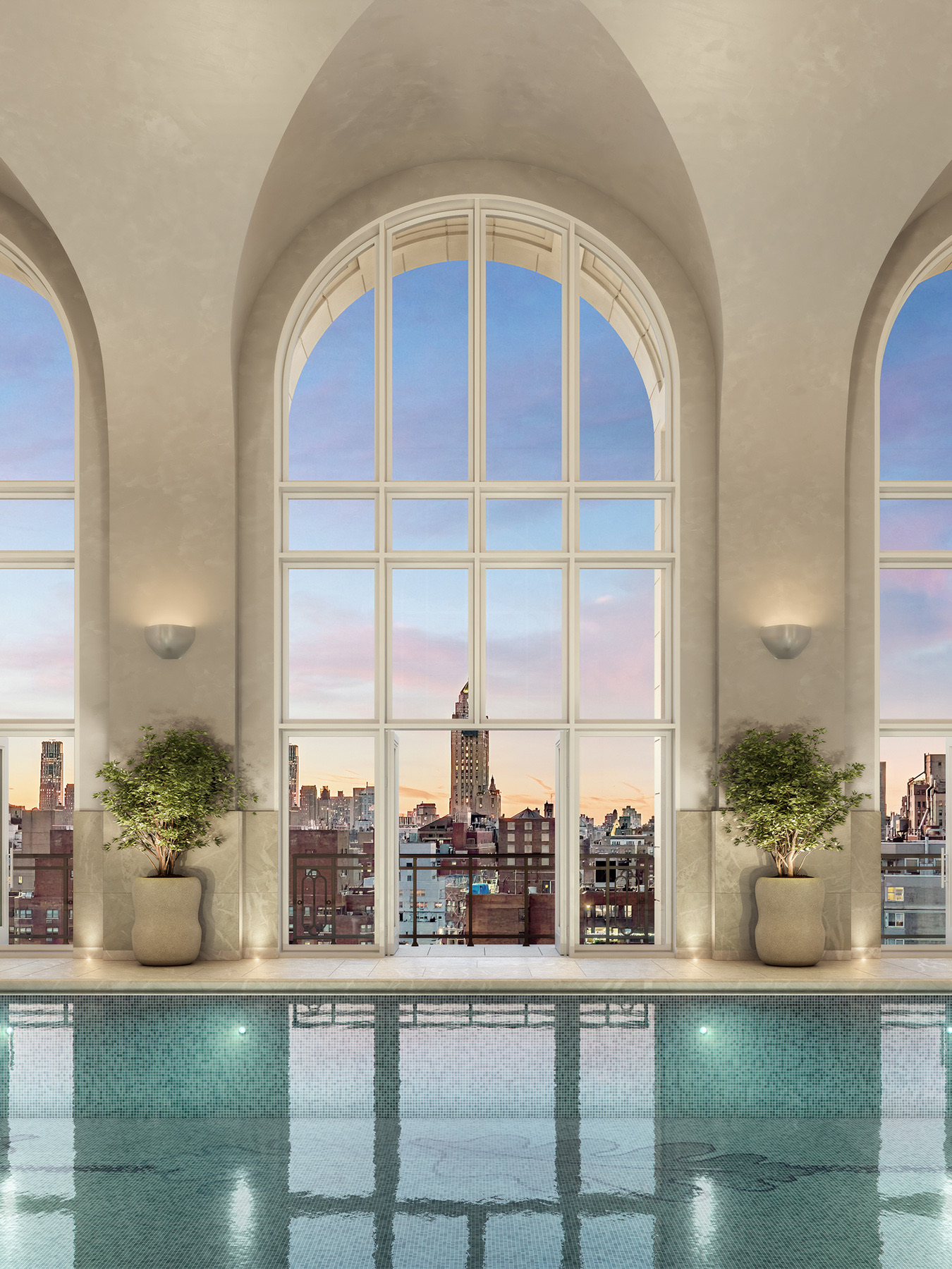 Render do deck de piscina estilo resort do Viceroy Residences Fort Lauderdale com cabanas e camas flutuantes