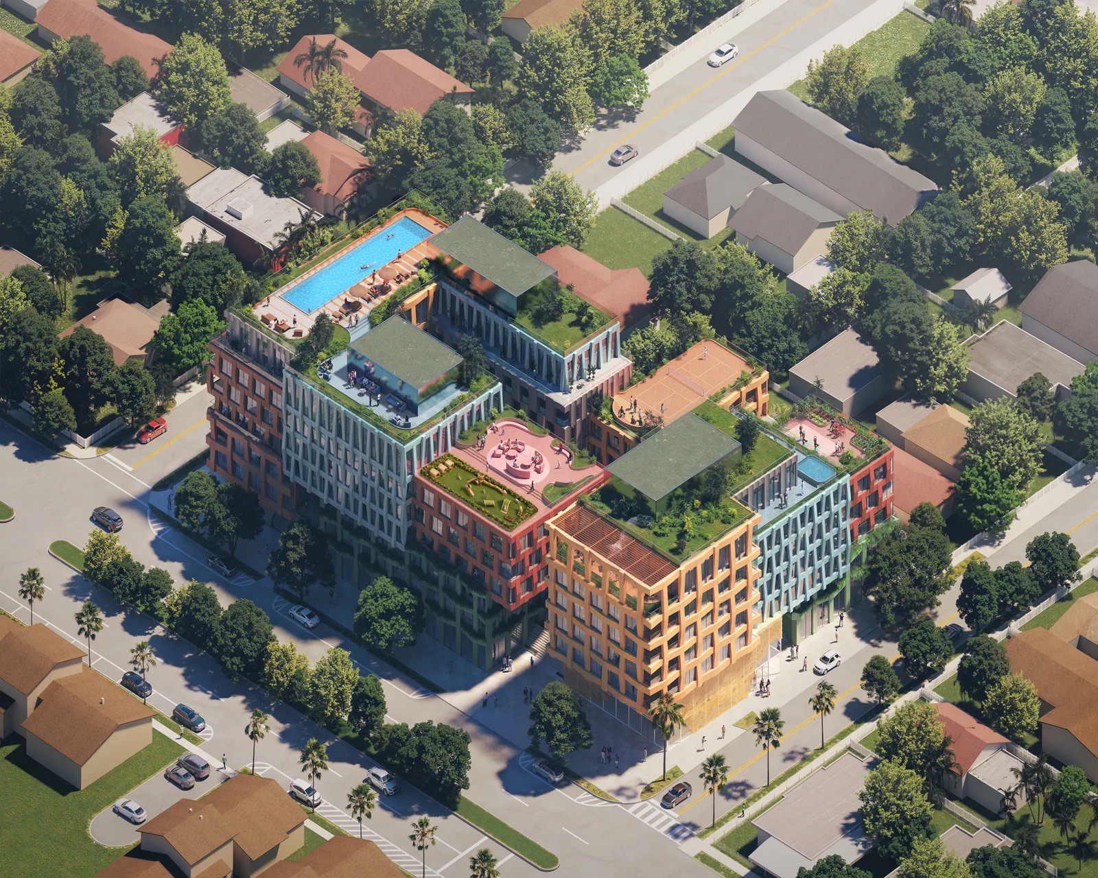Renderizado aéreo de WOMA Wynwood que muestra los bloques apilados del edificio de 163 unidades en Wynwood Norte, Miami