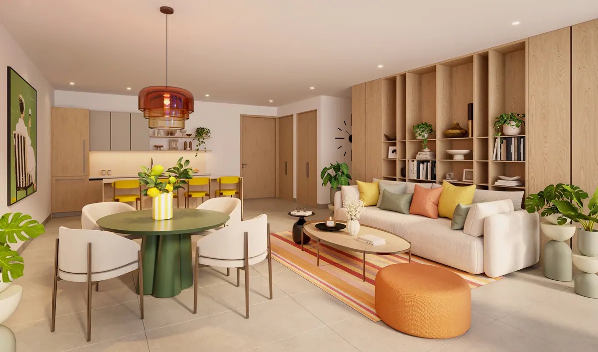 Renderizado del interior de una residencia en WOMA Wynwood entregada lista para habitar con cocina completa