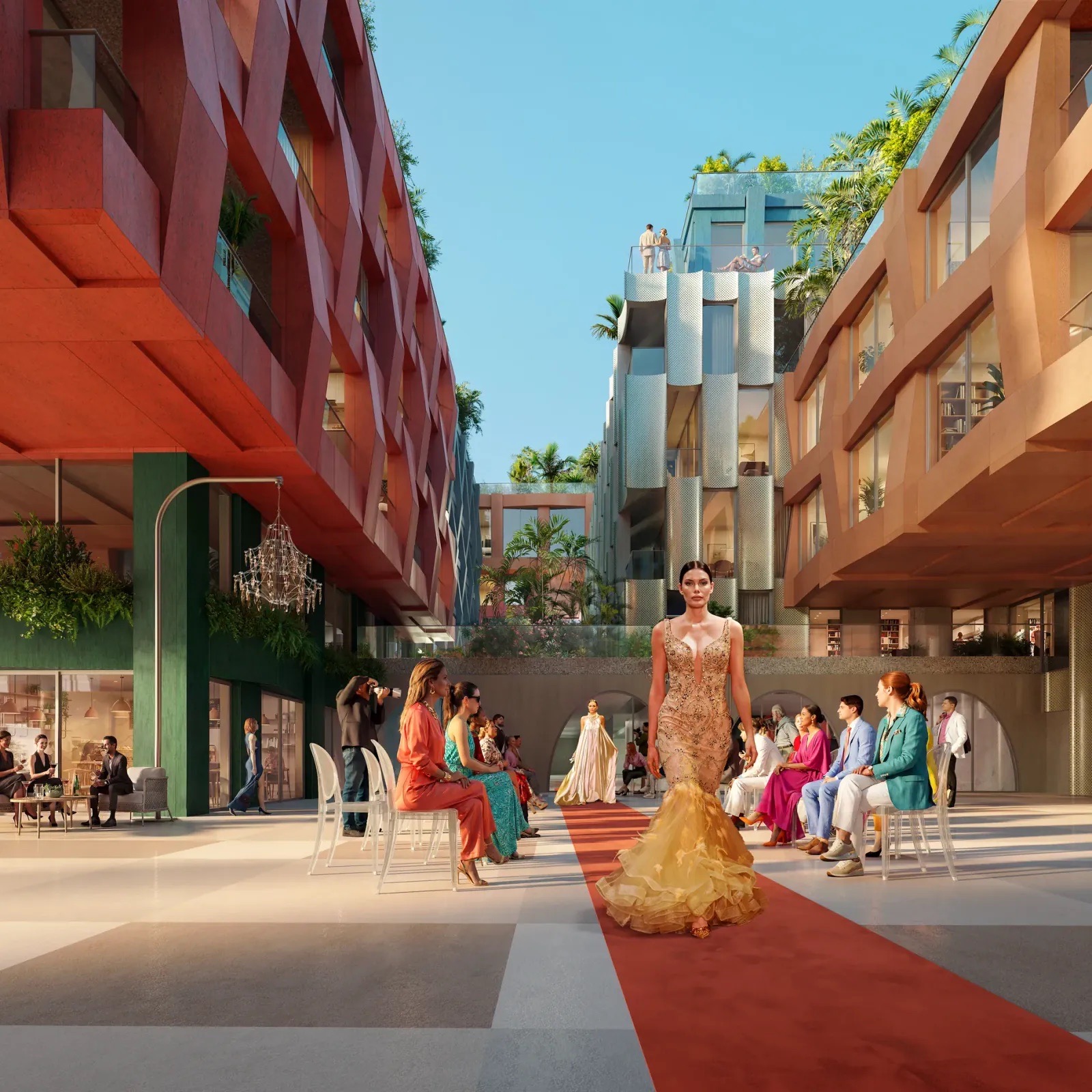 Renderizado de la plaza elevada en el centro de WOMA Wynwood, Miami