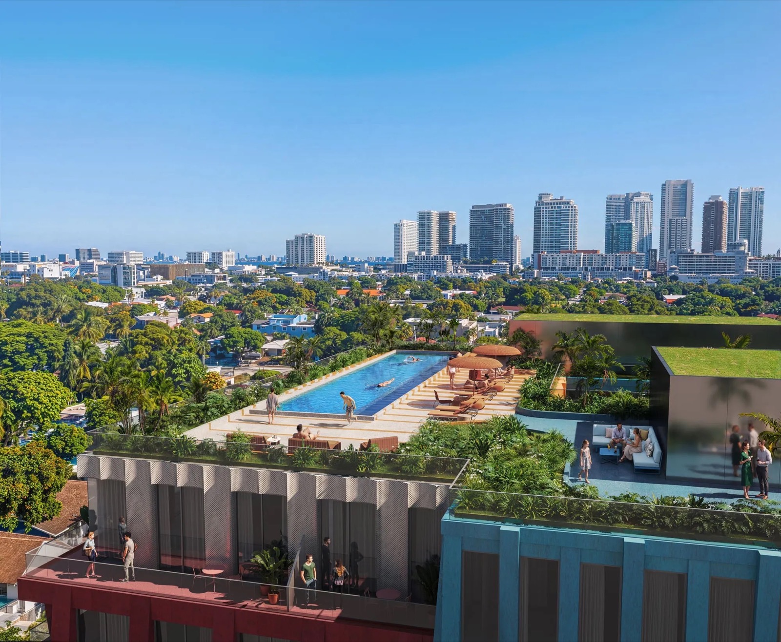 Renderizado de la piscina semiolímpica en la azotea de WOMA Wynwood, Wynwood Norte, Miami
